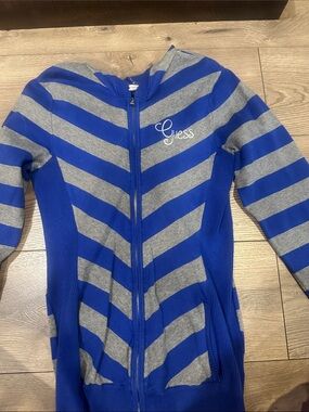 Guess Blue and Gray Striped Zip-Up Cardigan Sweater